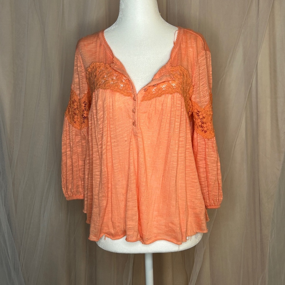 Free People Orange Relaxed Blouse with Ruffled 3/4 Sleeves